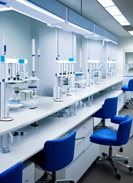 Prompt: crisp clean research laboratory space, pipettes and test tubes, scientists working at the bench, bright welcoming lighting, curing cancer, hyper realism with a slight blue toned watercolor effect. architectural digest photo, time magazine, studio lighting, godrays, mayo clinic, john hopkins, cleveland clinic.