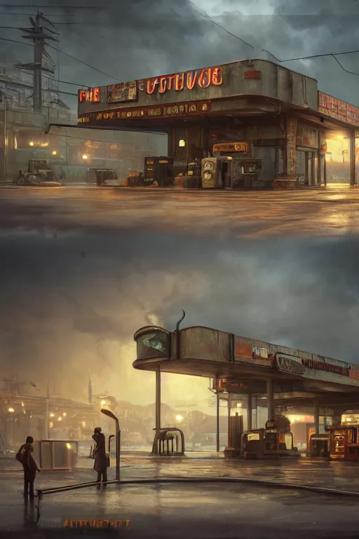 Image similar to a highly detailed matte painting of a soviet steampunk gas station in lightning storm and heavy rain by studio ghibli, makoto shinkai, by artgerm, by wlop, by greg rutkowski, volumetric lighting, octane render, 4 k resolution, trending on artstation, masterpiece