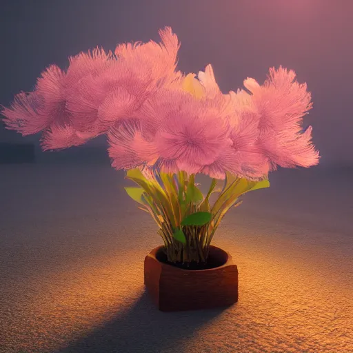 Image similar to Luminescent flower blooming at twilight, realism, photorealism, f 3.5, photography, octane render, highly detailed, vray, volumetric lighting,