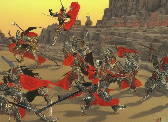 Image similar to lu bu versus zhang fei, guan yu, and liu bei as illustrated by ralph mcquarrie during the golden hour