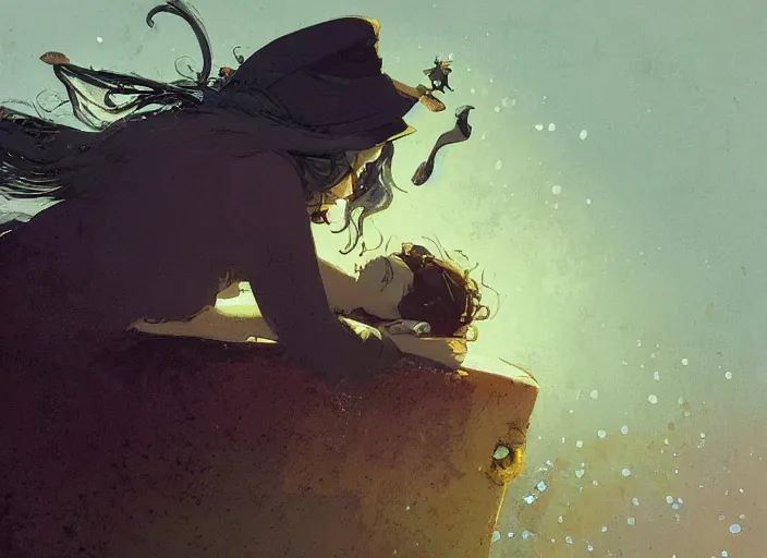 Prompt: a little witch sleeping at the sea art by craig mullins, james gilleard, by joe fenton, by greg rutkowski, by greg tocchini, by kaethe butcher, 4 k resolution, gradient yellow, black, brown and cyan color scheme, grunge aesthetic!!!