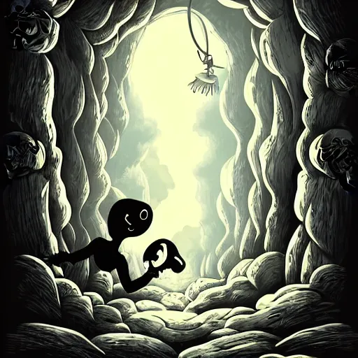 Image similar to storybook illustration of an open wardrobe revealing the entrance to a fantastic world featuring skullduggery pleasant, storybook illustration, monochromatic