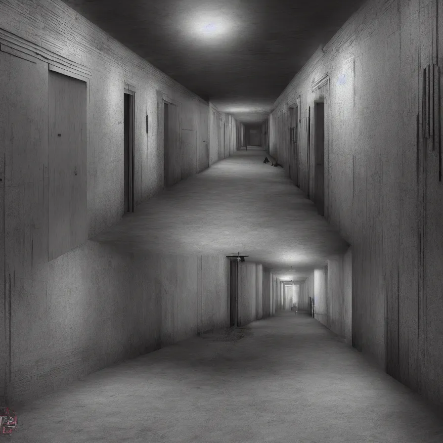 Image similar to dark and dim corridor, haunted, long exposure, detailed, hyper realistic, photorealism, ultra wide angle view, cinematic, peaceful, volumetric lighting