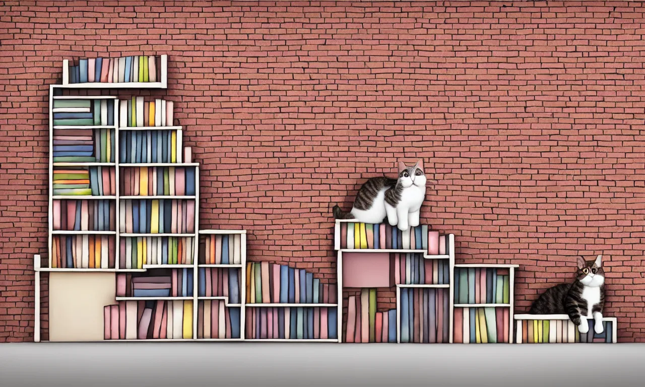 Prompt: bookshelf with a cat, brick streets, nordic pastel colors, 3 d art, digital illustration, perfect lighting