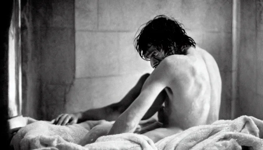 Prompt: movie still of jean - paul marat a wound at the chest, in the bath, cinestill 8 0 0 t 3 5 mm b & w, high quality, heavy grain, high detail, cinematic composition, dramatic light, anamorphic, ultra wide lens, hyperrealistic, by josef sudek