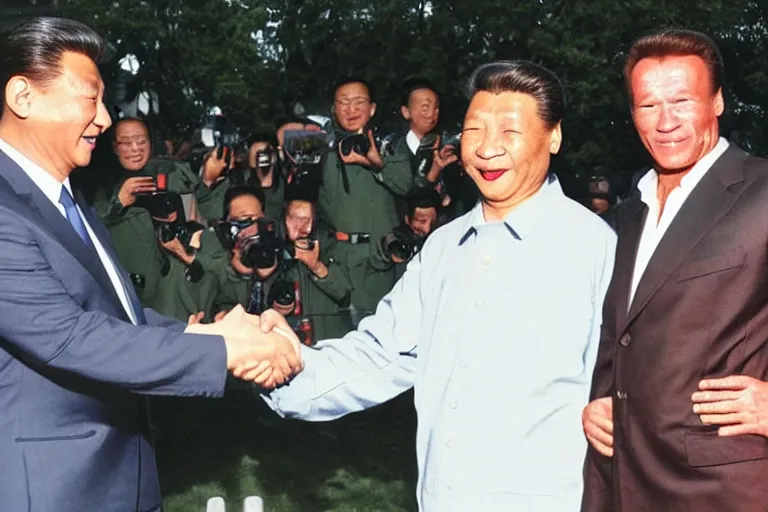 Prompt: xi jinping and arnold schwarzenegger shaking hands