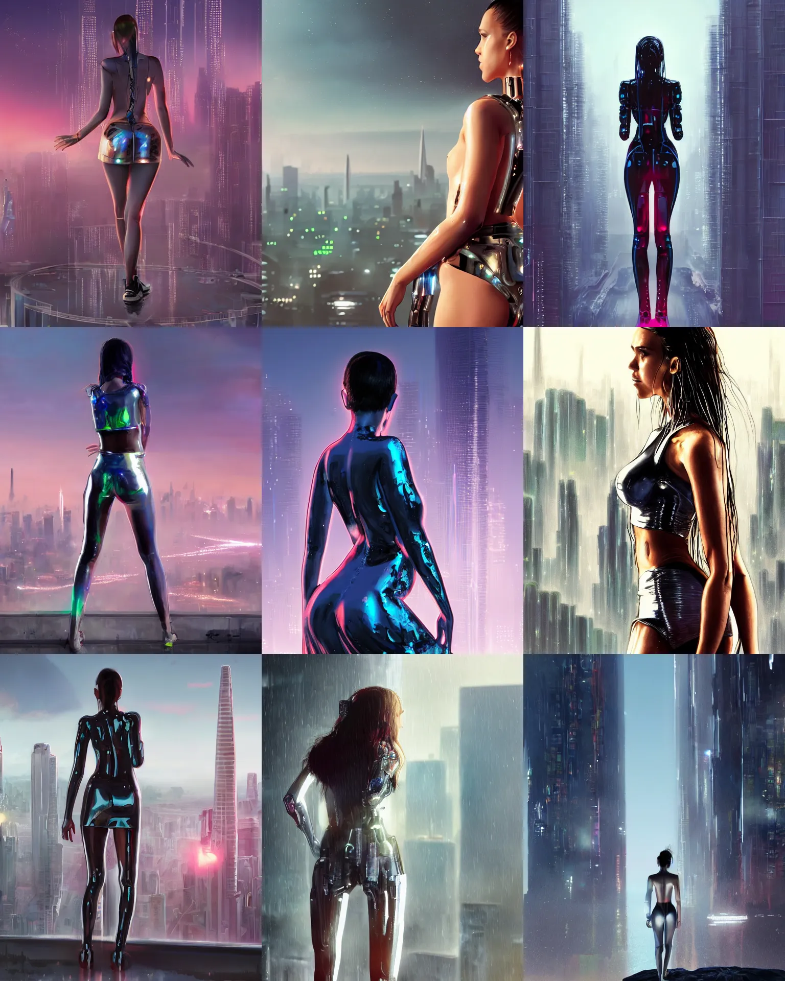 Prompt: sci-fi movie still body portrait of wet jessica alba cyborg young woman standing from behind, overlooking a future city SF, facing away from the camera, bold shiny rave skirt and top :: trending on artstation, morning, anime girl, ue5, sci-fi concept art, pixiv, :: nixri, Greg rutkowski,::