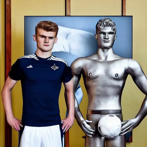 Image similar to a realistic detailed photo of a guy who is an attractive humanoid who is half robot and half humanoid, who is a male android, soccer players martin ødegaard & timo werner, shiny skin, posing like a statue, blank stare, in a living room, on display, showing off his muscles, gold soccer shorts, side view, repairing the other one