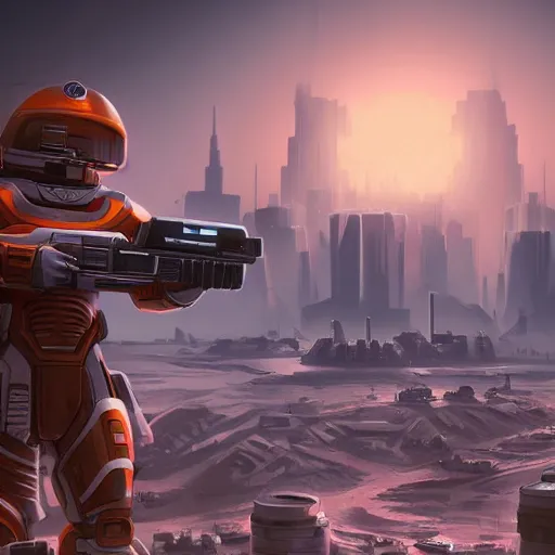 Image similar to city in background, floating islands, space soldier with a gun. setting on mars, high details, artstation, octane render, concept art