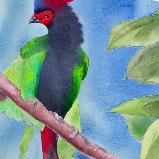 Prompt: a water colour painting of a red - crested turaco