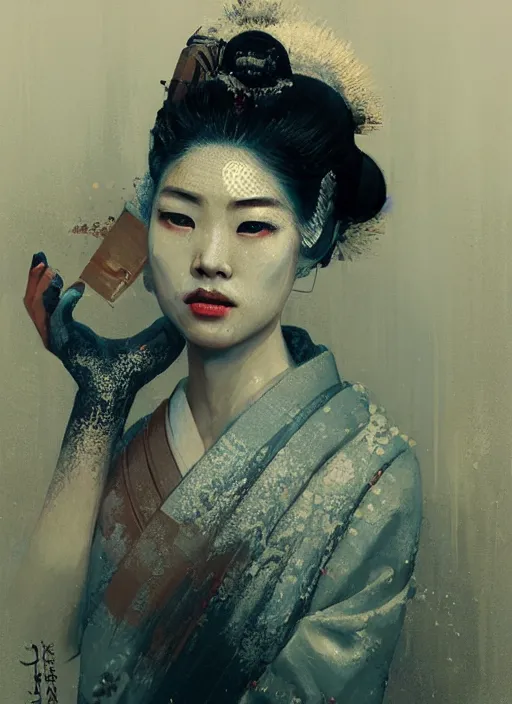 Image similar to female geisha girl, beautiful face, rule of thirds, intricate outfit, spotlight, trypophobia, by greg rutkowski, by jeremy mann