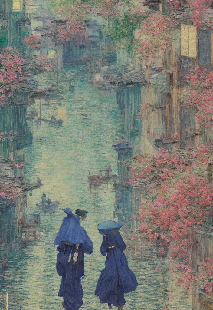 Image similar to a beautiful japanese city near the sea, amazing ryokans and gorgeous edo era houses, intense cyberpunk, lofi vibe, colorful, vivide colors, oil painting in impressionist style, by jeremy lipkin, by claude monet, by makoto shinkai, multiple brush strokes, inspired by ghibli, masterpiece, beautiful