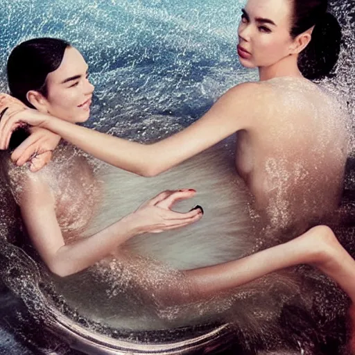 Image similar to stunning vogue magazine photo of dark - haired goddesses vanessa kirby, hailee steinfeld, and bjork smiling, legs intertwined, in a bubble bath, with wet faces!!, wet lips, smooth skin, perfect eyes, insanely detailed, elegant, by wlop, rutkowski, livia prima, mucha, wlop,