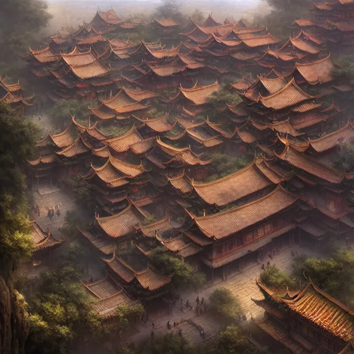 Image similar to matte painting by marc simonetti, jonathan solter, greg rutkowski of a chinese dynasty village, masterpiece, cinematic, hyperdetailed, photorealistic, hyperrealism, architecture, aerial view,