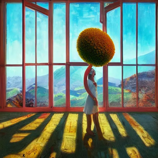 Prompt: giant daisy flower head, woman in dess, standing next to modern window in luxury loft, surreal photography, sunlight, impressionist painting, digital painting, artstation, simon stalenhag