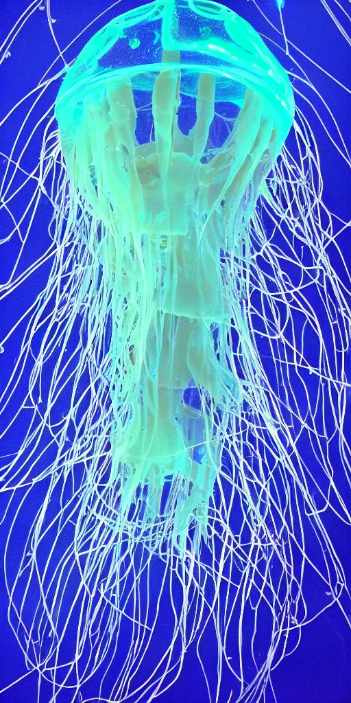 Prompt: at night, very close detailed closeup of big blue jellyfish glowing in the night revealing a beautiful mermaid,