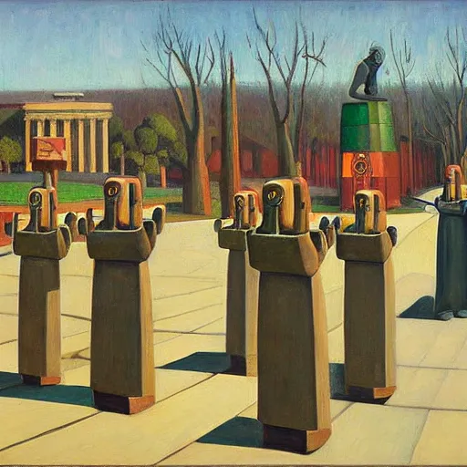 Image similar to robot druids in a grand processional, capital plaza, grant wood, pj crook, edward hopper, oil on canvas