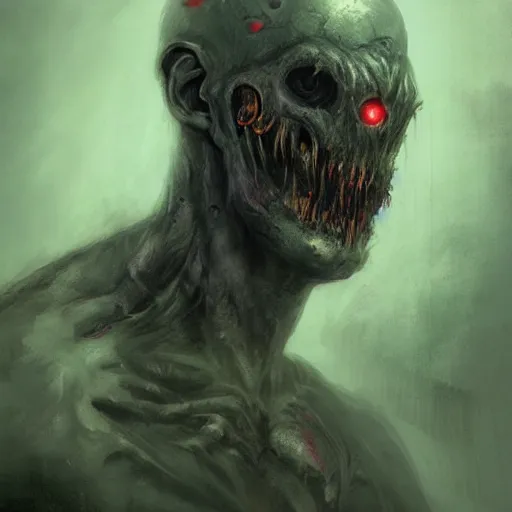 Image similar to portrait of a ghoul monster, feral, horrific, drawn by Ruan Jia, fantasy art, dramatic lighting, digital art,highly detailed