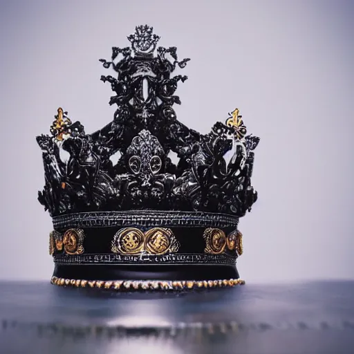 Image similar to a beautiful black haired woman with pale skin and a crown on her head sitted on an intricate metal throne, sharp focus, 8 k, cg, style by andy warhol