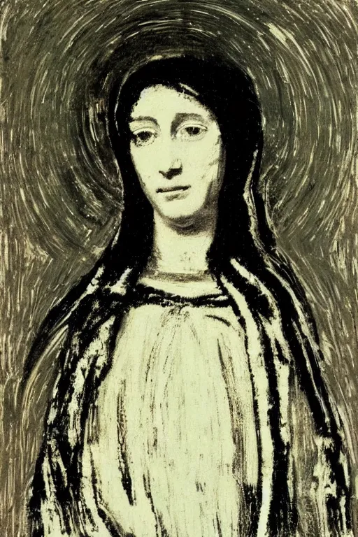 Image similar to virgin mary of lourdes painted by cy twombly and andy warhol