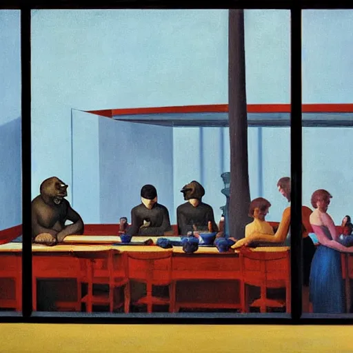 Image similar to painting, view from inside edward hopper's painting nighthawks, of a group of werebears inside a gallery, by magrirre, by neo rauch