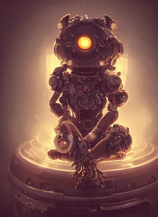 Image similar to a highly detailed illustration of gentle cute giant steampunk robot, cute glowing eyes and smile, adorably sitting gentle pose, intricate, elegant, highly detailed, centered, digital painting, artstation, concept art, smooth, sharp focus, league of legends concept art, WLOP