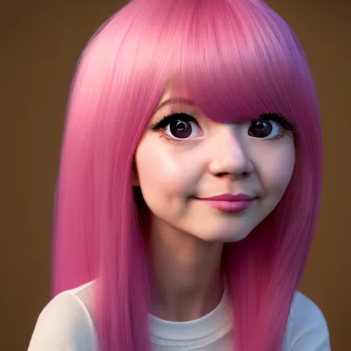 Image similar to A portrait of Nikki from Shining Nikki and Love, a cute 3d cgi toon young woman with long light pink hair, full bangs, hazel eyes, full face, light makeup, pale skin, Chinese heritage, cute outfit, medium shot, mid-shot, hyperdetailed, 8k, trending on artstation, as a Pixar character