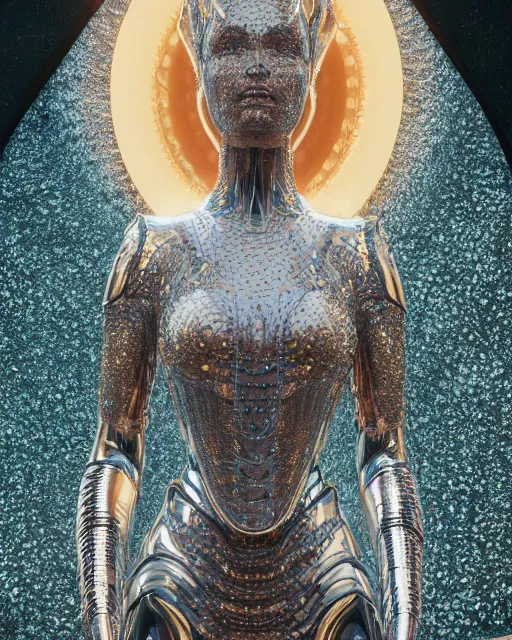 Image similar to a highly detailed metahuman 4 k close up render of an alien goddess bella hadid monument in iris van herpen armor schiaparelli in diamonds crystals swarovski and jewelry iridescent in style of alphonse mucha gustav klimt trending on artstation made in unreal engine 4