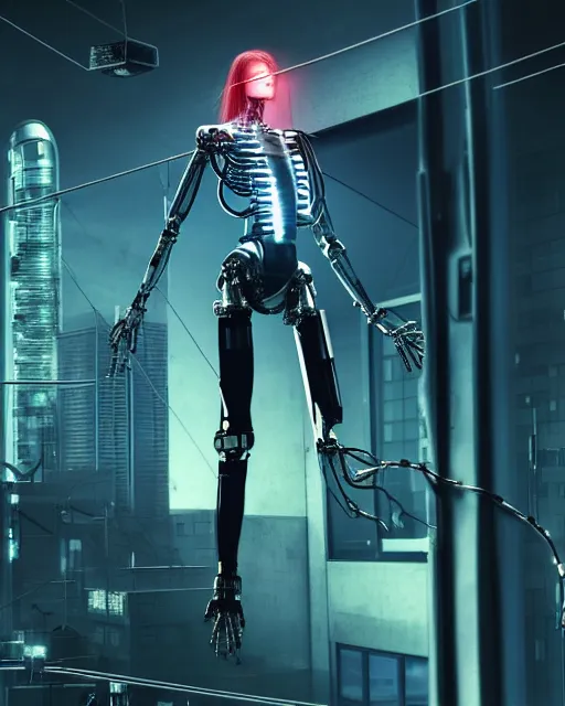 Prompt: a terminator cyborg lady with borg implants and a human face and is hanging from cables and wires off the ceiling of a lab and is drinking coffee. tiny green led lights in her cybernetics. sophisticated lab in the background, with dystopian city visible through the window. very detailed 8 k. horror cyberpunk style.