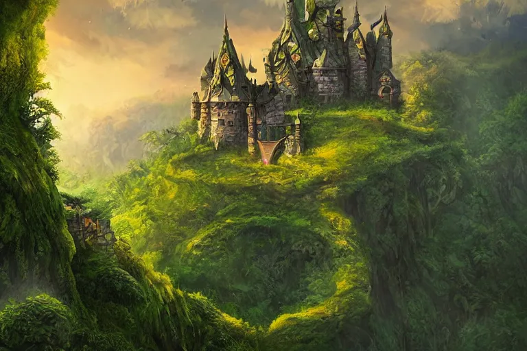 Image similar to cell shaded image of a fantasy single small castle, highly detailed, on lush green hills with a forest in the background, digital illustration, by Tony Sart, by Anato Finnstark