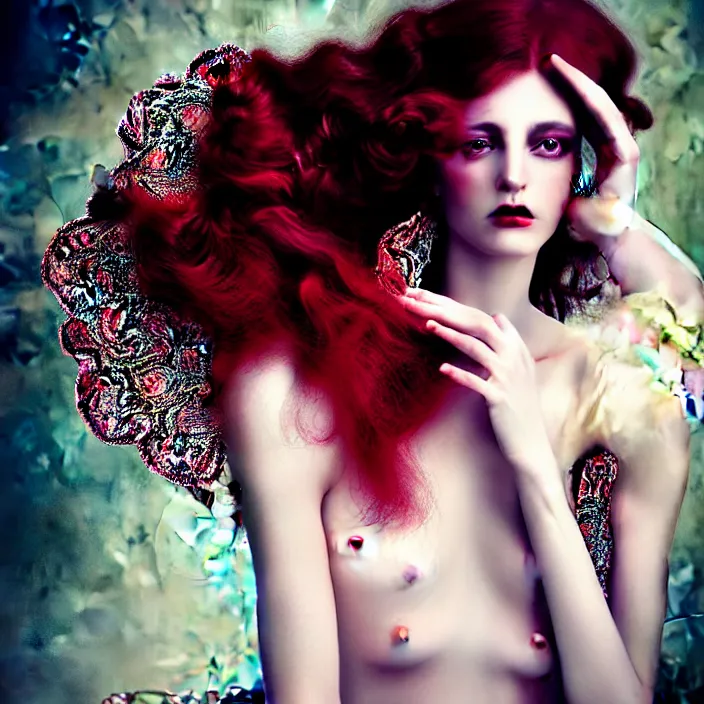 Image similar to photo portrait of a beautiful woman like a dark fallen angel, dressed in long elegant intricate ornamental white dress,intricate fractal ornament in the upper body, intricate baroque ornament in her red long hair, fine art photography by Giovanni Gastel, volumetric lighting, pastel colors scheme , hyper realistic photography in style of Vogue Fashion magazine