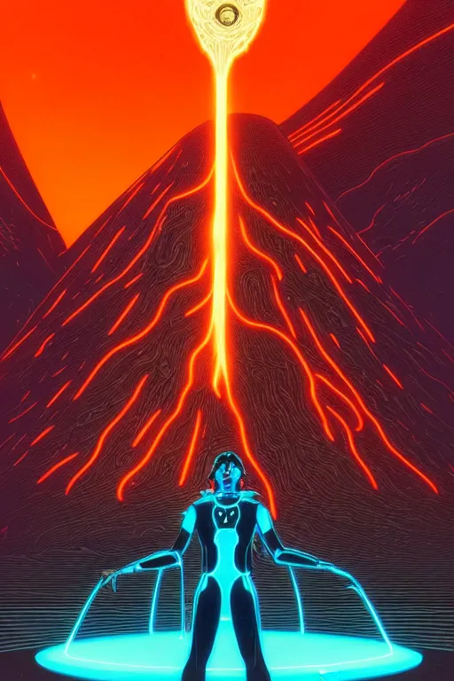 Image similar to artwork by kilian eng and toshi yoshida and franklin booth showing a futuristic powerstation!! in front of a ( ( exploding volcano ) ), in the style of tron, vintage scifi, high details, dramatic lightning,, 8 k