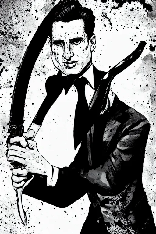 Image similar to black and white illustration of Patrick Bateman holding a big knife, neo noir style, Frank Miller creative design, body horror