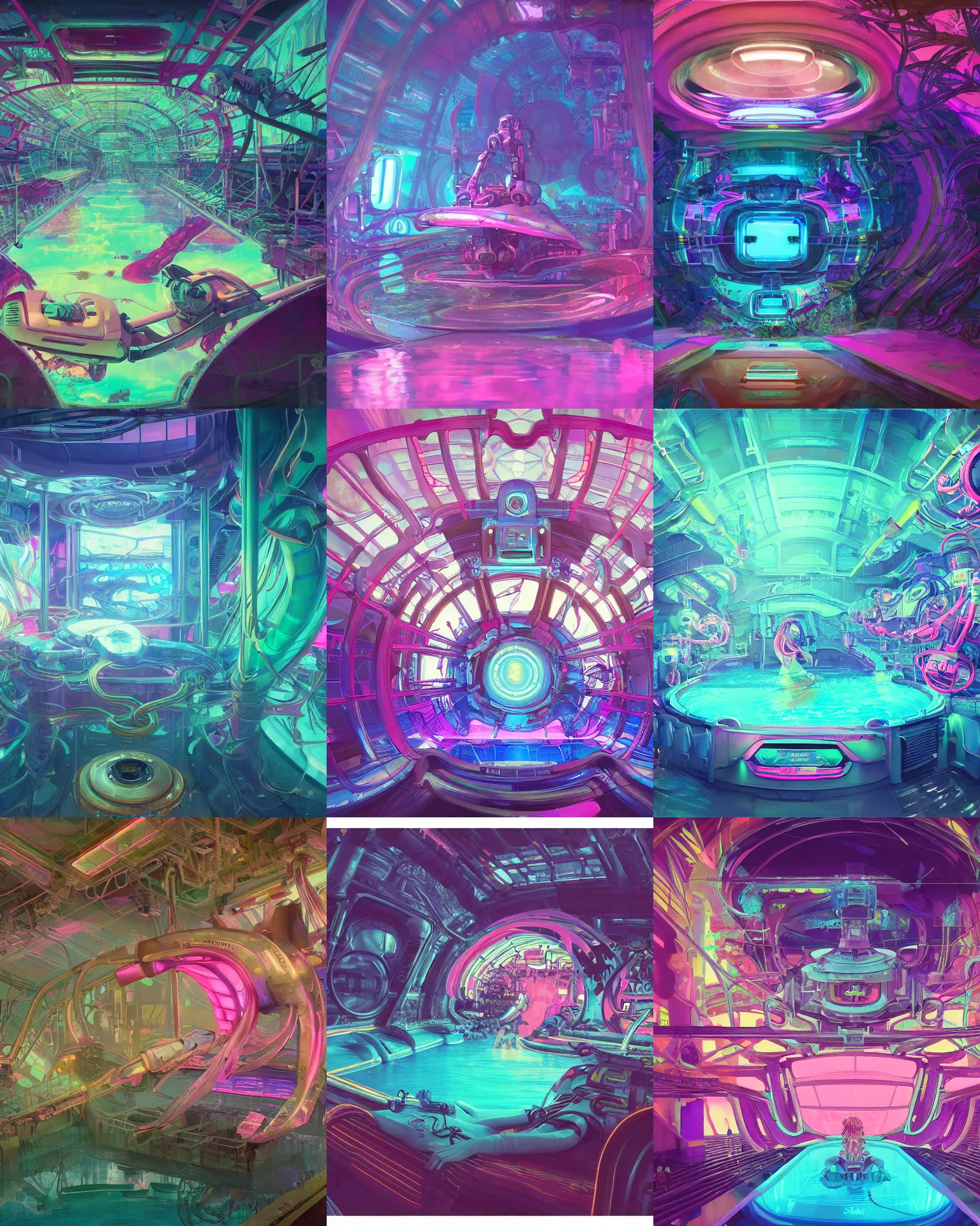 Prompt: the inside of a the inside of a seapunk Mecha stomach tank with glowing pink water lazy river under water, dark, stomach, cinematic lighting, lined with neon tube lights, vaporwave , digital art, artstation, by WLOP, Ilya repin, alphonse mucha. First person view, Very highly detailed 8K, octane, Digital painting, the golden ratio, rational painting