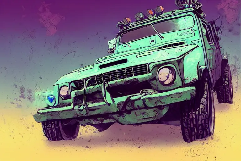 Image similar to digital illustration of a futuristic faded cyan mad max's fj 4 0 decrepit!!!! pursuit special, rusty!!! cyberpunk nissan fj cruiser heavily modded 1 9 9 0 s, the last v 8 interceptor by makoto shinkai, ilya kuvshinov, lois van baarle, rossdraws, basquiat