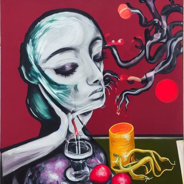 Image similar to acrylic and spray paint and oilstick on canvas, portrait of a female art student falling asleep, scientific research, crashcart, x - ray, sensual, blossom, squashed berries dripping, octopus, candlelight, neo - impressionist, surrealism