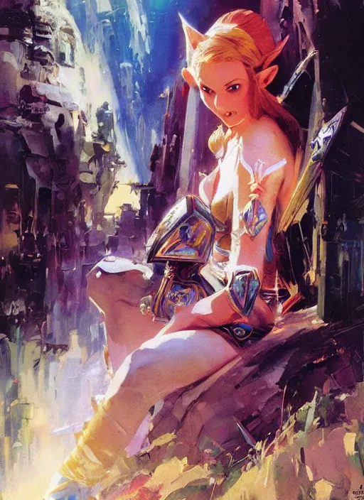 Prompt: Princess Zelda by John Berkey and Vincent Di Fate, rule of thirds, seductive look, beautiful, in intergalactic hq, ethereal lighting, smooth, masterpiece, Refined