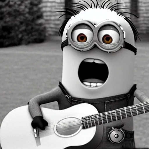 Image similar to super cute minion playing the guitar at the White House, movie still