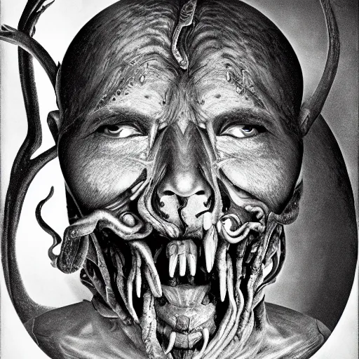 Image similar to a portrait of a creature from the beyond, body horror, by gerard brom and ansel adams