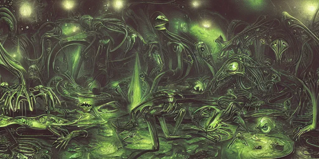 Prompt: ”alien world with psychedelic frogs, beautiful, volumetric lighting, by hr giger”