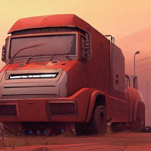 Image similar to concept art of a rusty sci - fi truck, trending on conceptartworld, by simon stalenhag