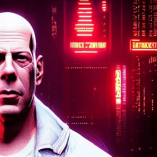 Image similar to bruce willis portrait, cyberpunk 2 0 7 7, cyberpsycho, photorealistic, ultra detailed, neon, octane, bokeh, cyber, cyberpunk city, feature, scars, cyberface, 8 k