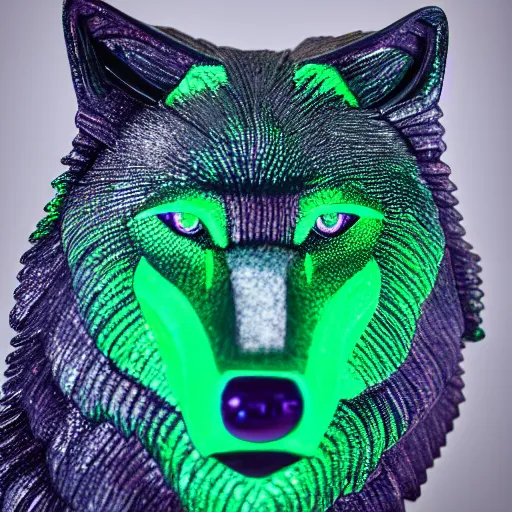 Image similar to portrait photography of a emerald wolf sculpture with glowing purple eyes