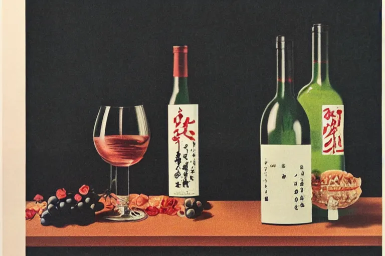 Prompt: wine bottle and glass and rose on table, 1 9 7 0 s japan shouwa advertisement, print, nostalgic