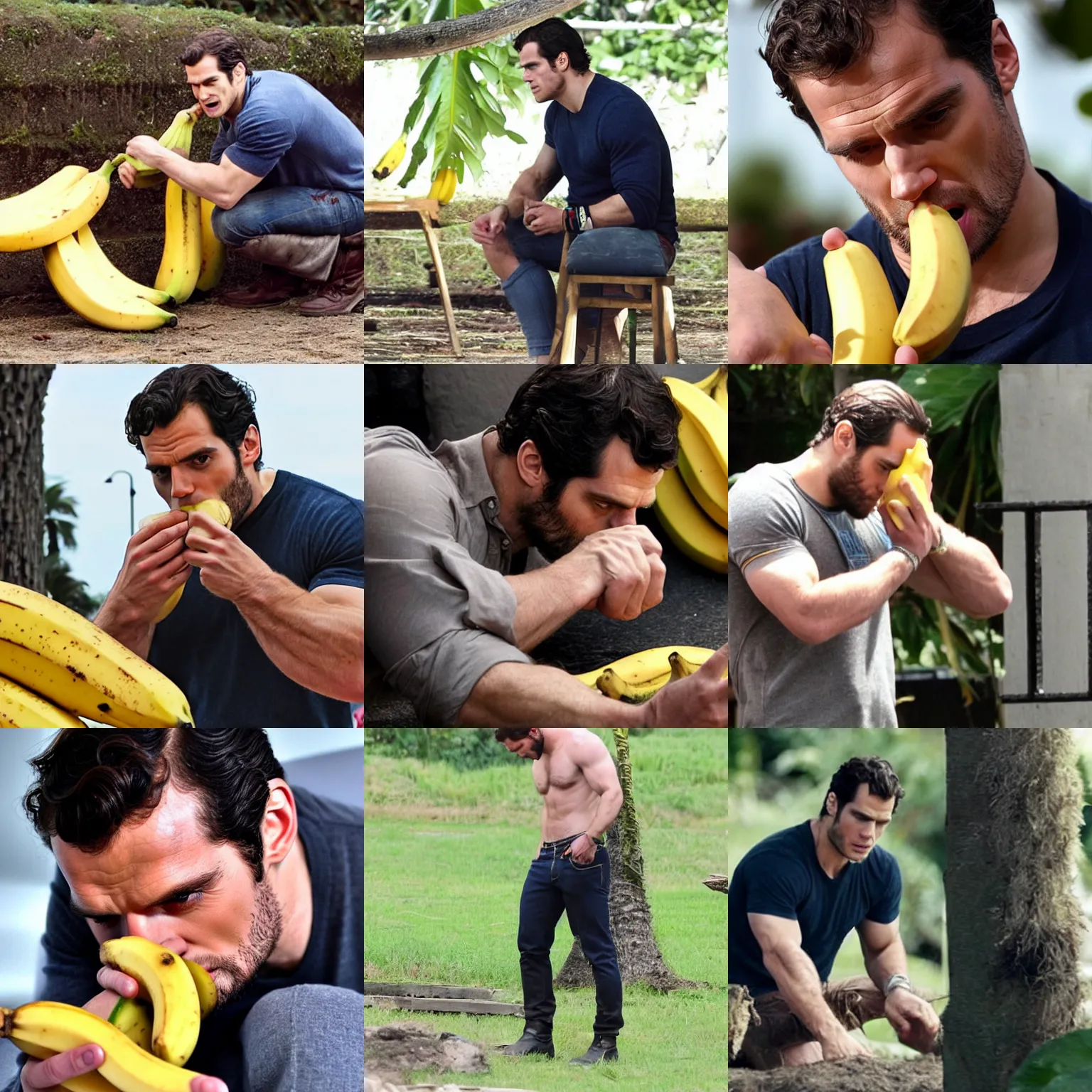 Prompt: henry cavill puking a banana