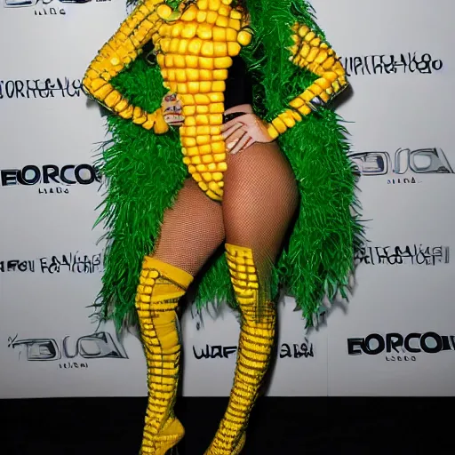 Prompt: full body photo of jennifer lopez, she is wearing the funniest fashion cry costume of corn on a cob, studio lighting, corn on a cob everywhere