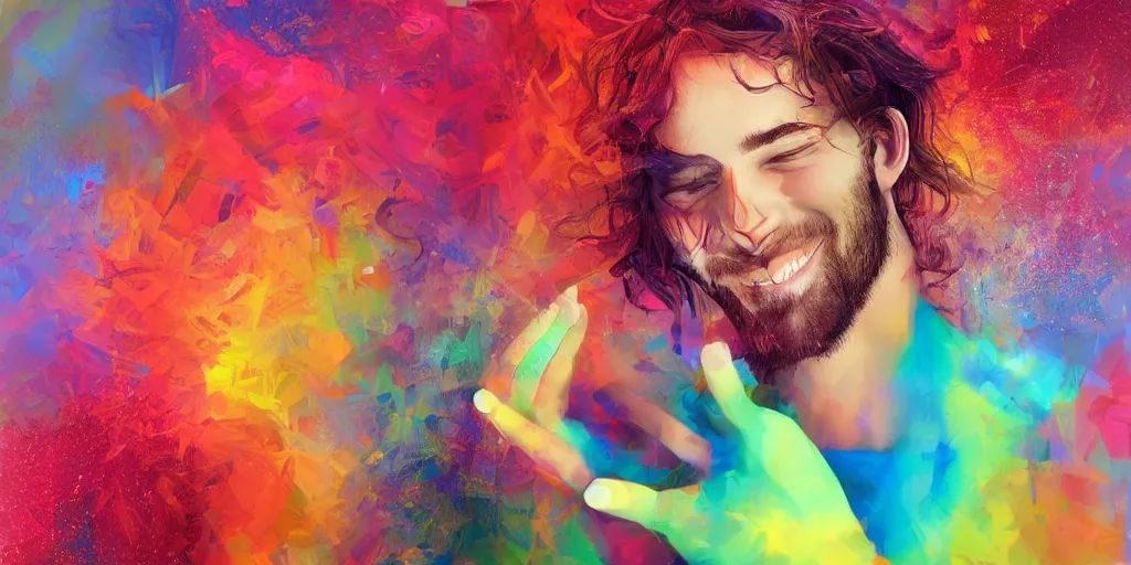 Prompt: beautiful young man smiling running his hand through his hair, digital art, colourful, digital art, realistic, seductive.