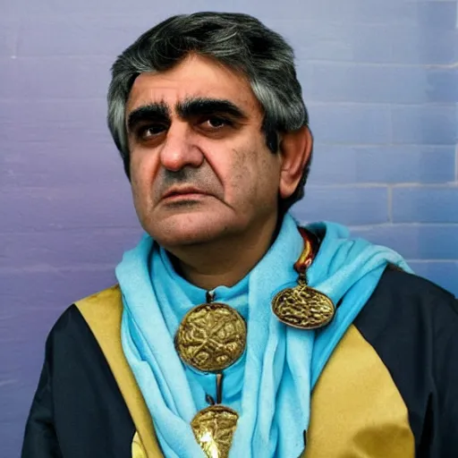 Prompt: jafar panahi mixed with gordon brown, clean shaven, wearing an umbro sports tracksuit and gold necklace with large star shaped intricate gold medallion