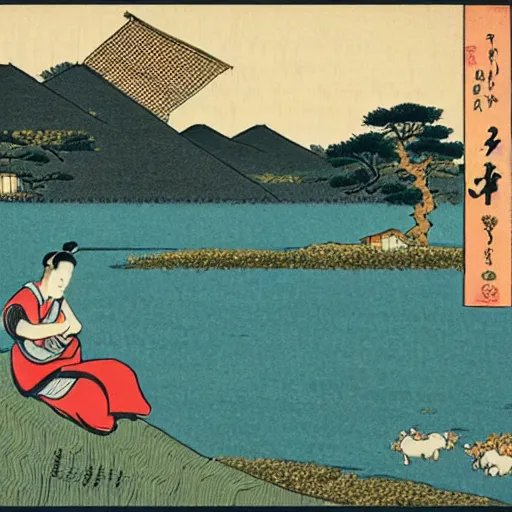 Image similar to a farm next to a lake in the style of ukiyo - e