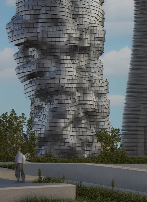 Image similar to highly detailed realistic architecture 3 d render of a futurisctic stele in frank gehry style made from atom models standing near a highway, archdaily, made in unreal engine 4 octane render